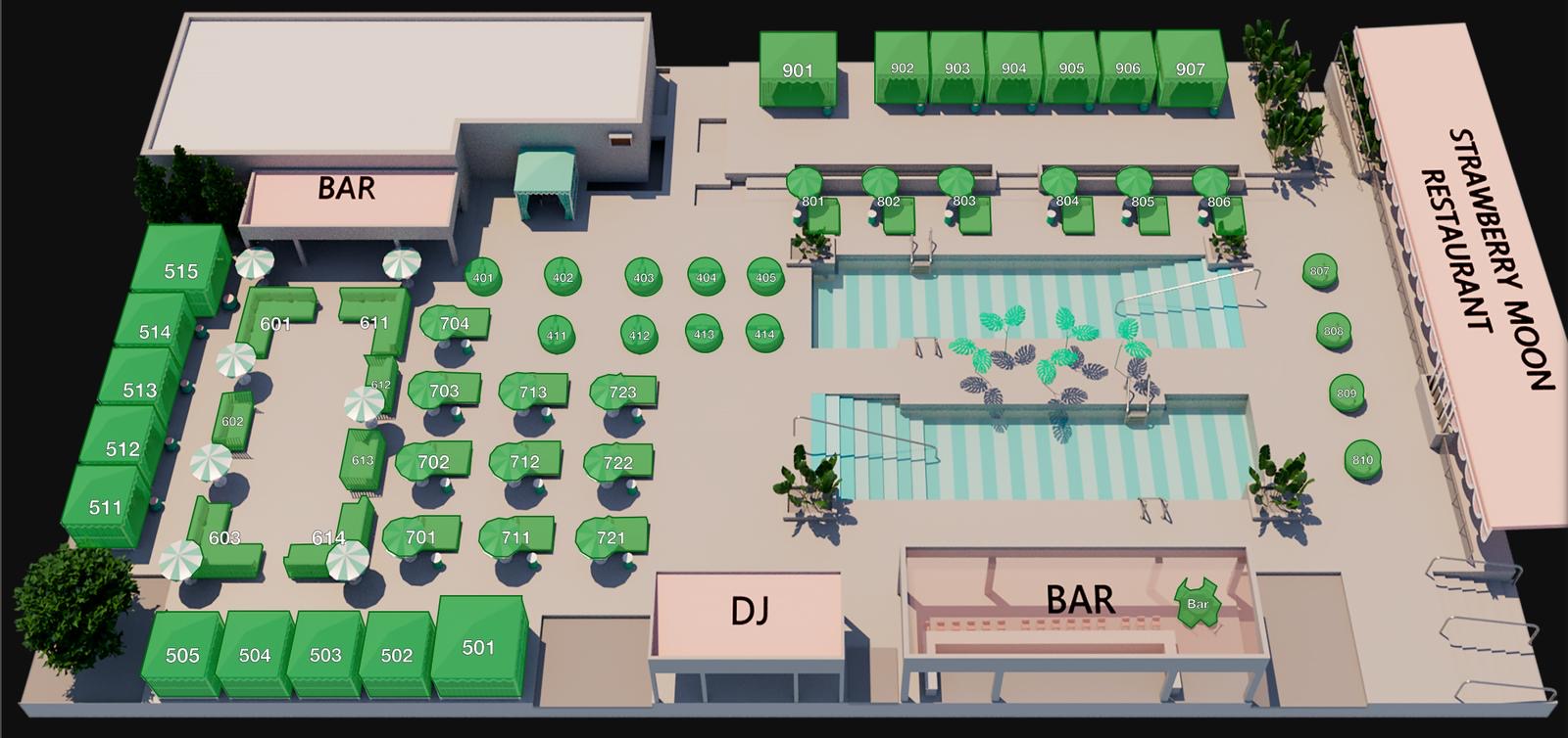 Strawberry Moon Miami Beach pool venue map cabana sections