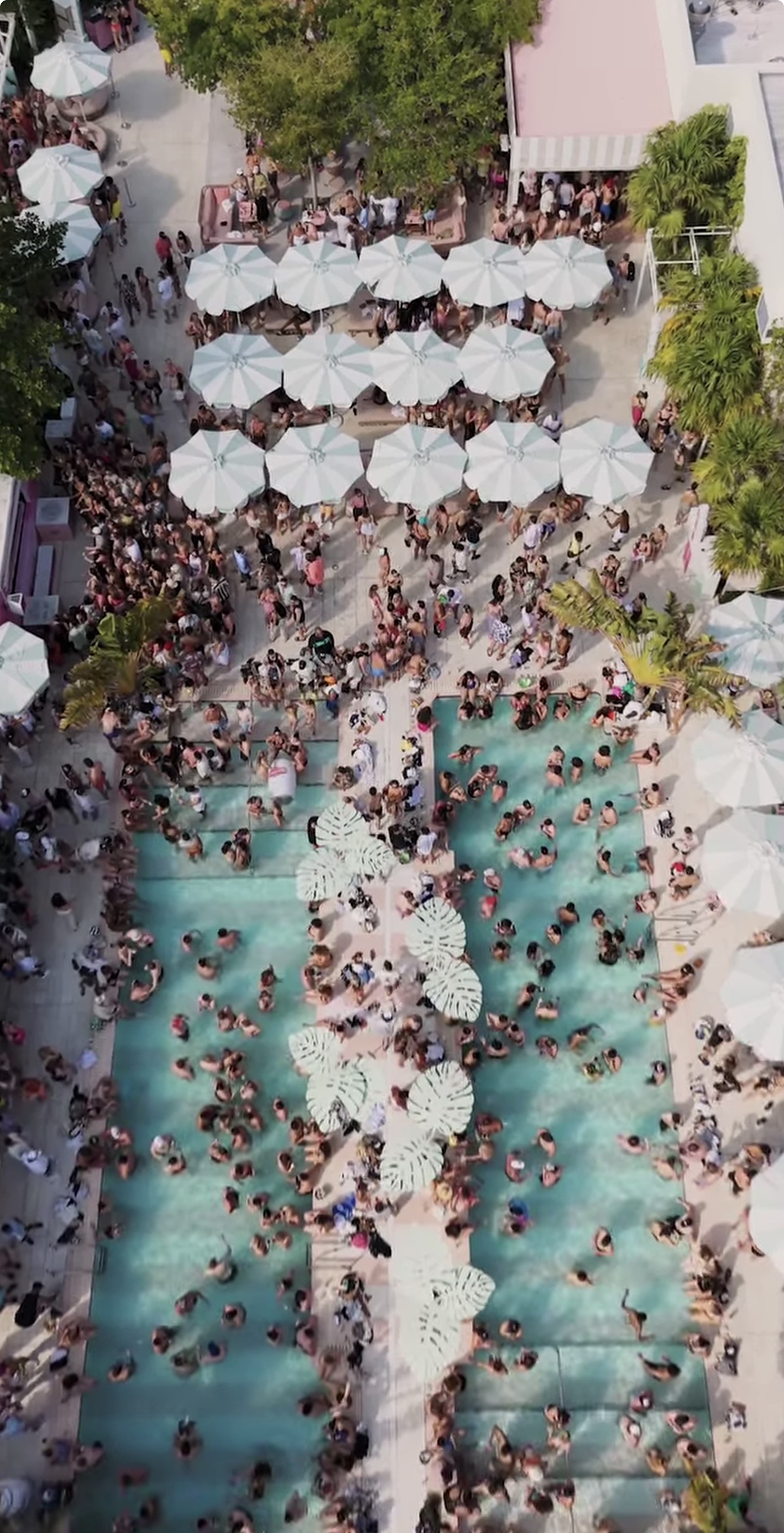 Strawberry Moon Miami Beach aerial drone view packed pool party crowd white umbrellas palm trees rooftop dayclub