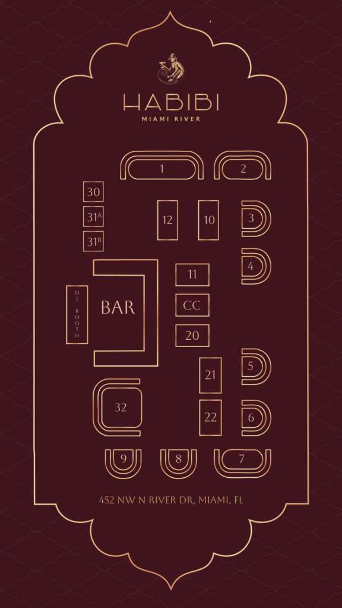 Habibi Miami River table map showing numbered seating layout, bar area, DJ booth, and booth sections at 452 NW N River Dr Miami